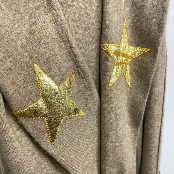 Zadig & Voltaire Vivi WS Gold Star Elbow Patch Cashmere Sweater M Oatmeal Deep V - Picture 4 of 13